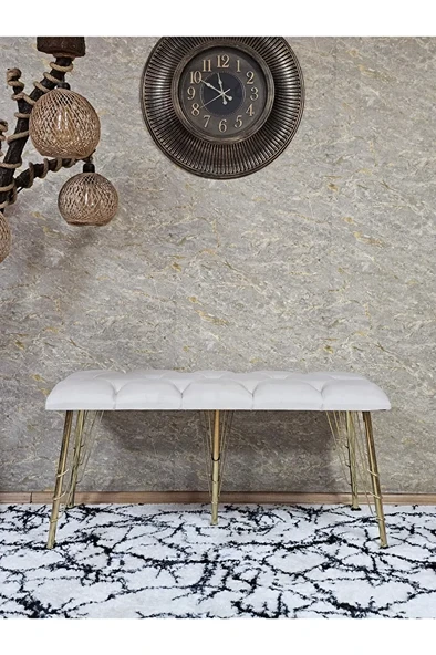 Metal Gold Tel Ayaklı 100 cm Puf Bench - Puf - Bench - Oturak - Mutfak Oturağı - Antre Oturağı Krem Renk 100 x 40 Boyut/Ebat - 2