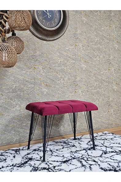 Metal Siyah Tel Ayaklı 60 cm Puf Bench - Puf - Bench - Oturak - Mutfak Oturağı - Antre Oturağı Bordo Renk 60 x 40 Boyut/Ebat - Resim 3