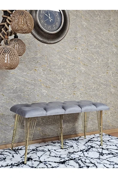Metal Gold Tel Ayaklı 100 cm Puf Bench - Puf - Bench - Oturak - Mutfak Oturağı - Antre Oturağı Gri Renk 100 x 40 Boyut/Ebat - 3