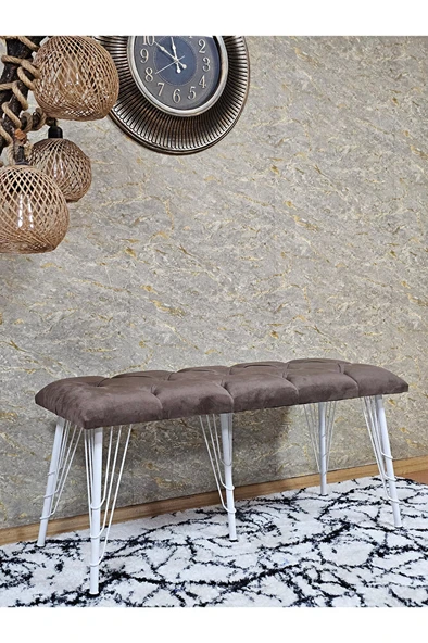 Metal Beyaz Tel Ayaklı 100 cm Puf Bench - Puf - Bench - Oturak - Mutfak Oturağı - Antre Oturağı Kahverengi Renk 100 x 40 Boyut/Ebat - Resim 3