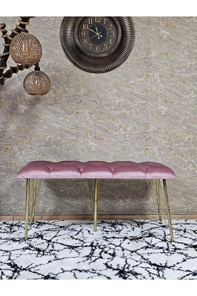Metal Gold Tel Ayaklı 100 cm Puf Bench - Puf - Bench - Oturak - Mutfak Oturağı - Antre Oturağı Pembe Renk 100 x 40 Boyut/Ebat - Resim 2