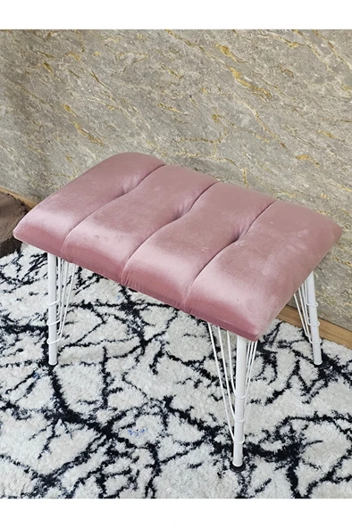 Metal Beyaz Tel Ayaklı 60 cm Puf Bench - Puf - Bench - Oturak - Mutfak Oturağı - Antre Oturağı Pembe Renk 60 x 40 Boyut/Ebat - Resim 4