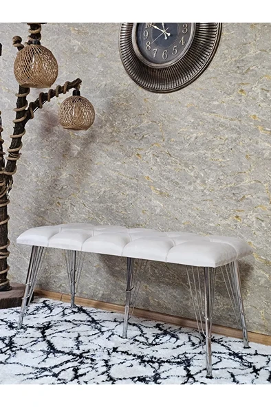 Metal Krom Tel Ayaklı 100 cm Puf Bench - Puf - Bench - Oturak - Mutfak Oturağı - Antre Oturağı Krem Renk 100 x 40 Boyut/Ebat ürün görseli