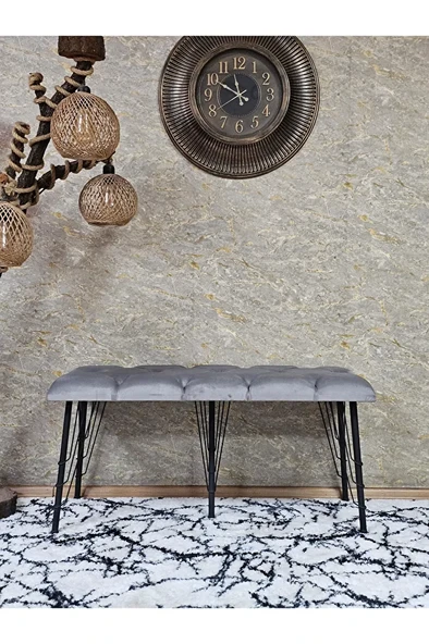 Metal Siyah Tel Ayaklı 100 cm Puf Bench - Puf - Bench - Oturak - Mutfak Oturağı - Antre Oturağı Gri Renk 100 x 40 Boyut/Ebat - Resim 2