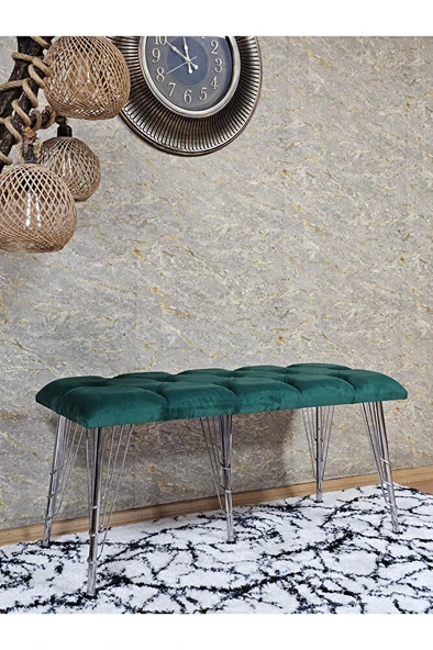 Metal Krom Tel Ayaklı 100 cm Puf Bench - Puf - Bench - Oturak - Mutfak Oturağı - Antre Oturağı Yeşil Renk 100 x 40 Boyut/Ebat - Resim 3
