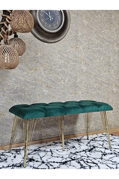 Metal Gold Tel Ayaklı 100 cm Puf Bench - Puf - Bench - Oturak - Mutfak Oturağı - Antre Oturağı Yeşil Renk 100 x 40 Boyut/Ebat - Resim 3