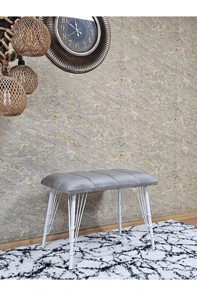 Metal Beyaz Tel Ayaklı 60 cm Puf Bench - Puf - Bench - Oturak - Mutfak Oturağı - Antre Oturağı Gri Renk 60 x 40 Boyut/Ebat - Resim 3