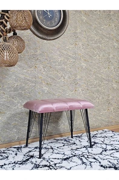 Metal Siyah Tel Ayaklı 60 cm Puf Bench - Puf - Bench - Oturak - Mutfak Oturağı - Antre Oturağı Pembe Renk 60 x 40 Boyut/Ebat - Resim 3