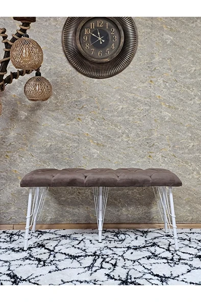 Metal Beyaz Tel Ayaklı 100 cm Puf Bench - Puf - Bench - Oturak - Mutfak Oturağı - Antre Oturağı Kahverengi Renk 100 x 40 Boyut/Ebat - Resim 2
