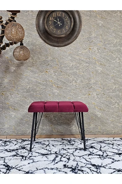 Metal Siyah Tel Ayaklı 60 cm Puf Bench - Puf - Bench - Oturak - Mutfak Oturağı - Antre Oturağı Bordo Renk 60 x 40 Boyut/Ebat - Resim 2