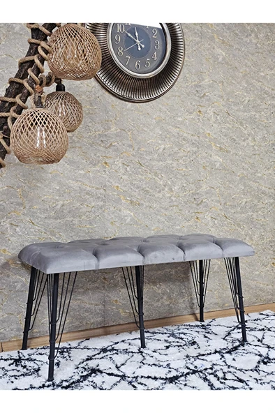 Metal Siyah Tel Ayaklı 100 cm Puf Bench - Puf - Bench - Oturak - Mutfak Oturağı - Antre Oturağı Gri Renk 100 x 40 Boyut/Ebat - Resim 3