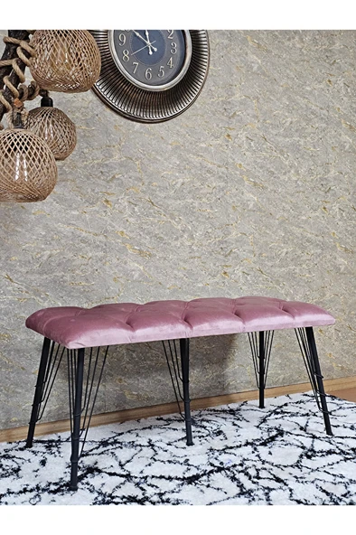 Metal Siyah Tel Ayaklı 100 cm Puf Bench - Puf - Bench - Oturak - Mutfak Oturağı - Antre Oturağı Pembe Renk 100 x 40 Boyut/Ebat - Resim 3