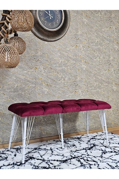 Metal Beyaz Tel Ayaklı 100 cm Puf Bench - Puf - Bench - Oturak - Mutfak Oturağı - Antre Oturağı Bordo Renk 100 x 40 Boyut/Ebat - Resim 3