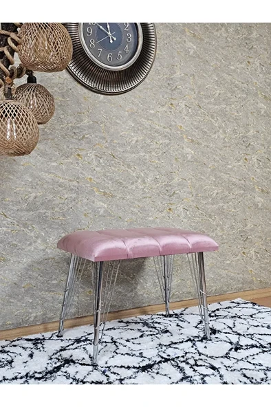 Metal Krom Tel Ayaklı 60 cm Puf Bench - Puf - Bench - Oturak - Mutfak Oturağı - Antre Oturağı Pembe Renk 60 x 40 Boyut/Ebat - Resim 3