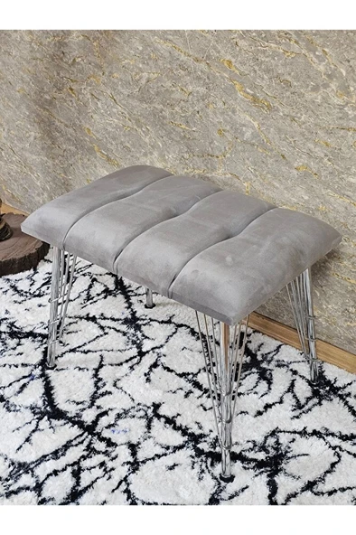 Metal Krom Tel Ayaklı 60 cm Puf Bench - Puf - Bench - Oturak - Mutfak Oturağı - Antre Oturağı Gri Renk 60 x 40 Boyut/Ebat - 4
