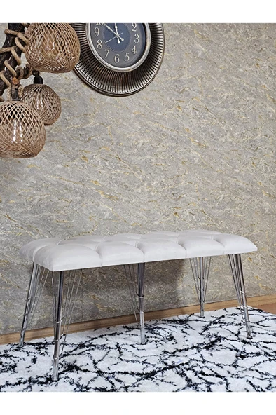 Metal Krom Tel Ayaklı 100 cm Puf Bench - Puf - Bench - Oturak - Mutfak Oturağı - Antre Oturağı Krem Renk 100 x 40 Boyut/Ebat - Resim 3