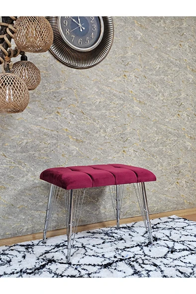 Metal Krom Tel Ayaklı 60 cm Puf Bench - Puf - Bench - Oturak - Mutfak Oturağı - Antre Oturağı Bordo Renk 60 x 40 Boyut/Ebat - Resim 3