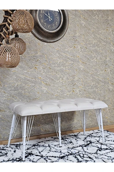 Metal Beyaz Tel Ayaklı 100 cm Puf Bench - Puf - Bench - Oturak - Mutfak Oturağı - Antre Oturağı Krem Renk 100 x 40 Boyut/Ebat - Resim 3