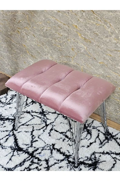 Metal Krom Tel Ayaklı 60 cm Puf Bench - Puf - Bench - Oturak - Mutfak Oturağı - Antre Oturağı Pembe Renk 60 x 40 Boyut/Ebat - Resim 4