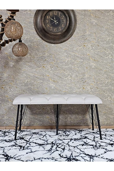Metal Siyah Tel Ayaklı 100 cm Puf Bench - Puf - Bench - Oturak - Mutfak Oturağı - Antre Oturağı Krem Renk 100 x 40 Boyut/Ebat - Resim 2