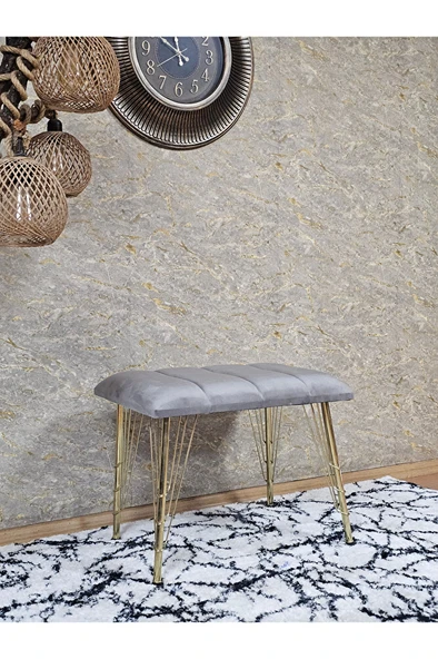 Metal Gold Tel Ayaklı 60 cm Puf Bench - Puf - Bench - Oturak - Mutfak Oturağı - Antre Oturağı Gri Renk 60 x 40 Boyut/Ebat - Resim 3
