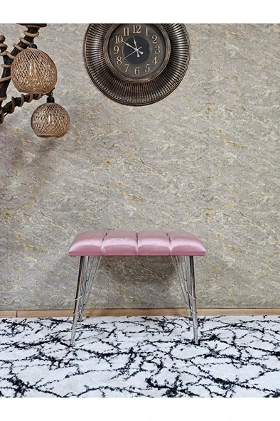 Metal Krom Tel Ayaklı 60 cm Puf Bench - Puf - Bench - Oturak - Mutfak Oturağı - Antre Oturağı Pembe Renk 60 x 40 Boyut/Ebat - Resim 2