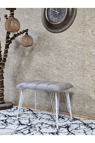 Metal Beyaz Tel Ayaklı 60 cm Puf Bench - Puf - Bench - Oturak - Mutfak Oturağı - Antre Oturağı Gri Renk 60 x 40 Boyut/Ebat ürün görseli