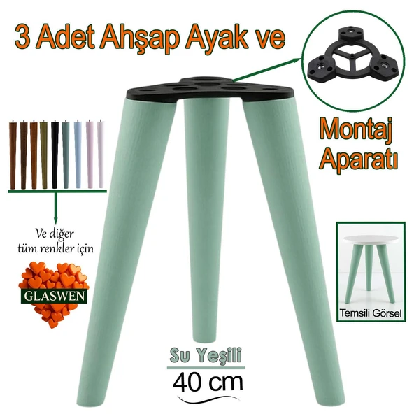 3 Adet Ahşap Ayak 40 Cm Su Yeşili M8 Civatalı Bağlantı Aparatlı Mobilya Tabure Sehpa Masa Destek Ayağı ürün görseli