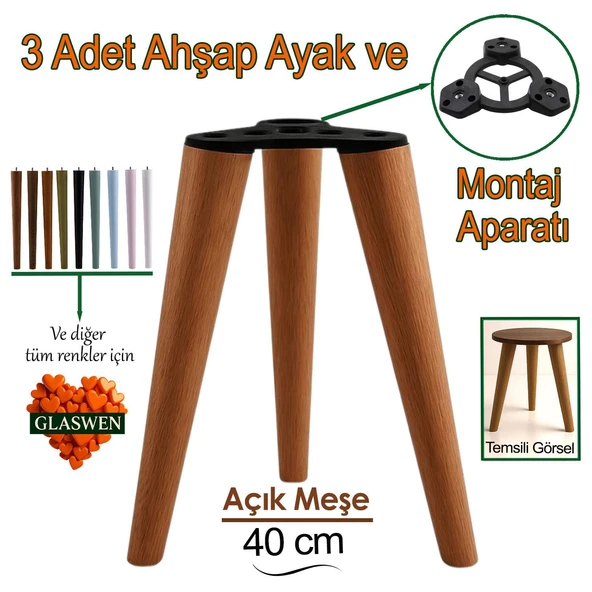 3 Adet Ahşap Ayak 40 Cm Açık Meşe M8 Civatalı Bağlantı Aparatlı Mobilya Tabure Sehpa Masa Destek Ayağı ürün görseli 1
