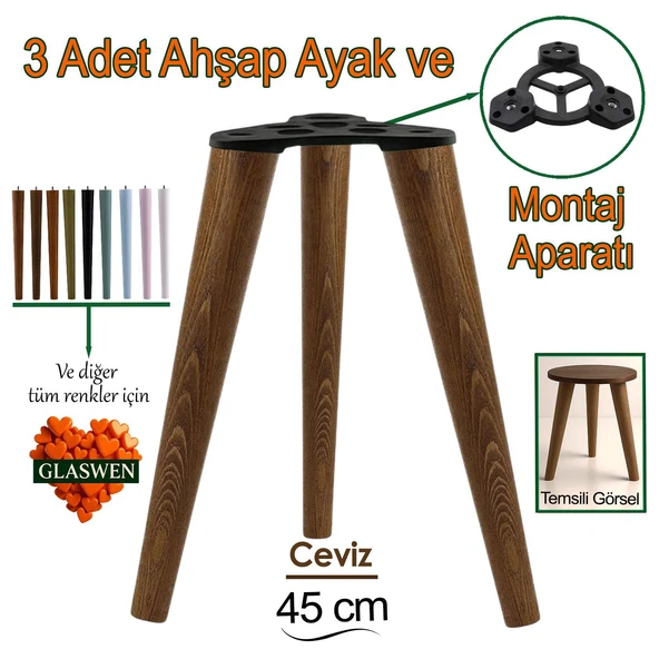 3 Adet Ahşap Ayak 45 Cm Ceviz M8 Civatalı Bağlantı Aparatlı Mobilya Tabure Sehpa Masa Destek Ayağı ürün görseli 1