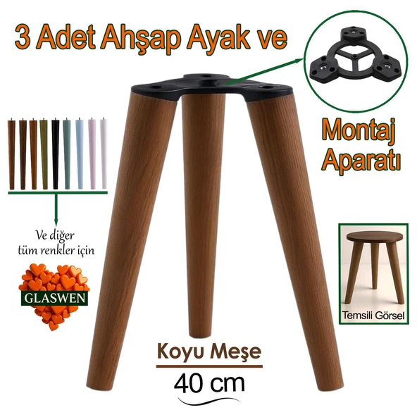 3 Adet Ahşap Ayak 40 Cm Koyu Meşe M8 Civatalı Bağlantı Aparatlı Mobilya Tabure Sehpa Masa Destek Ayağı ürün görseli 1