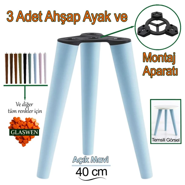 3 Adet Ahşap Ayak 40 Cm Açık Mavi M8 Civatalı Bağlantı Aparatlı Mobilya Tabure Sehpa Masa Destek Ayağı ürün görseli 1