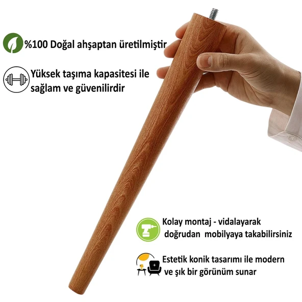 3 Adet Ahşap Ayak 40 Cm Açık Meşe M8 Civatalı Bağlantı Aparatlı Mobilya Tabure Sehpa Masa Destek Ayağı - Resim 3