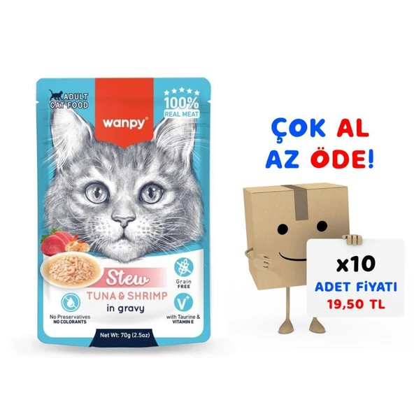 Wanpy Stew Pouch Ton Balıklı Karidesli Yaş Kedi Maması 70g 10'lu Paket ürün görseli