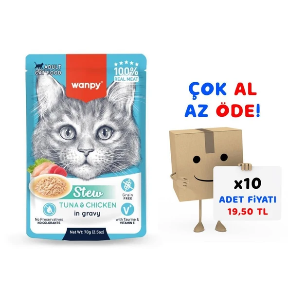Wanpy Stew Pouch Ton Balıklı Tavuklu Yaş Kedi Maması 70g 10'lu Paket ürün görseli