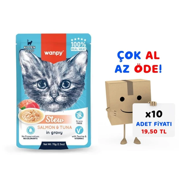 Wanpy Stew Pouch Ton Balıklı Somonlu Yaş Kedi Maması 70g 10'lu Paket ürün görseli 1