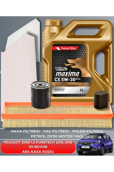 Petrol Ofisi Peugeot 2008 1.2 Puretech 2016-2017-2018 110 Beygir Filtre - Yag Bakım Seti ürün görseli 1