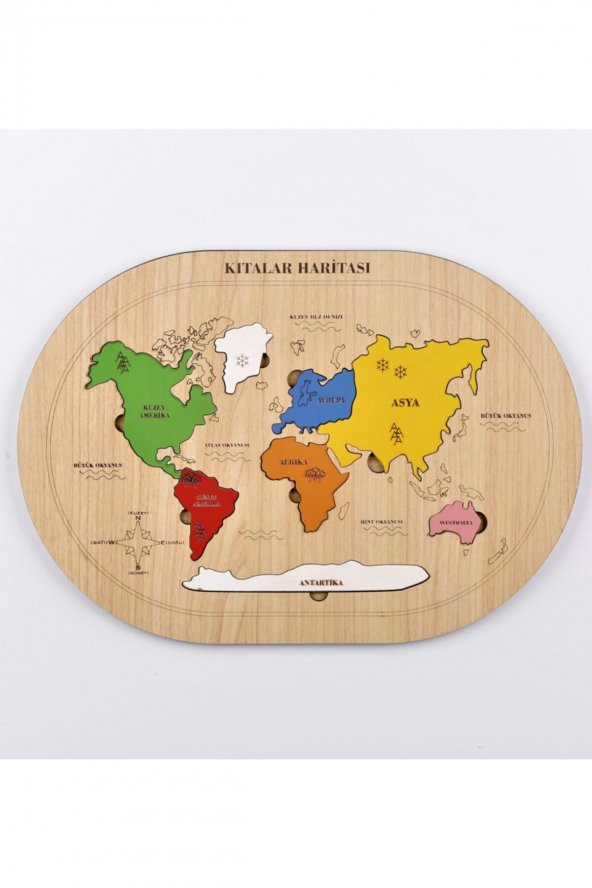 Eğitici Renkli Ahşap Kıtalar Haritası Puzzle/Yapboz