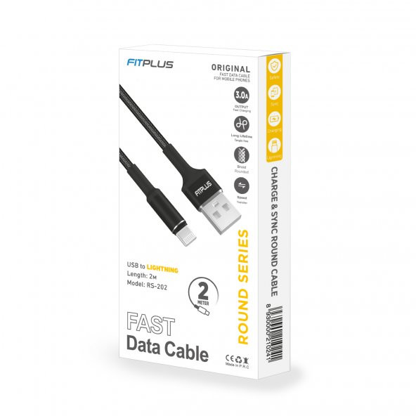 FitPlus Round RS-202 Lightning Data/Şarj Kablosu 3A 2mt Örgü - Siyah - 5
