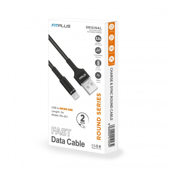 FitPlus Round RS-201 Micro USB Data/Şarj Kablosu 3A 2mt Örgü - Siyah - 6