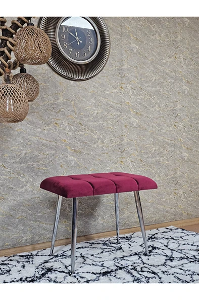Krom Sivriltme Ayaklı 60 cm Puf Bench - Puf - Bench - Oturak - Mutfak Oturağı - Antre Oturağı Bordo Renk 60 x 40 Boyut/Ebat - Resim 3