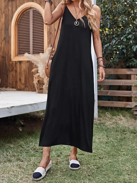 Kadın Ip Askılı Derin Geniş V Yakalı Uzun Viskon Elbise - Resim 3