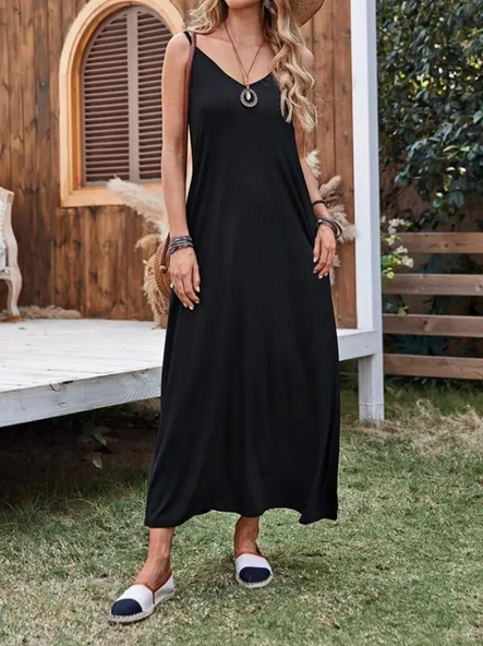 Kadın Ip Askılı Derin Geniş V Yakalı Uzun Viskon Elbise - Resim 5