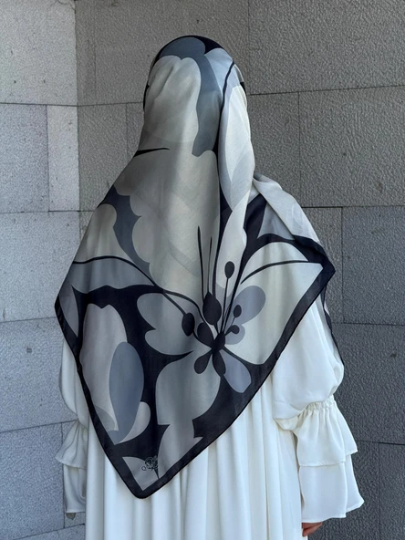 Pamuklu Vera Desen Eşarp-Siyah/Gri - 9