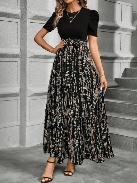 Kadın Kısa Kollu Bisiklet Yaka üst Ithal Krep Alt Süprem Maksi Boy Elbise - Resim 2