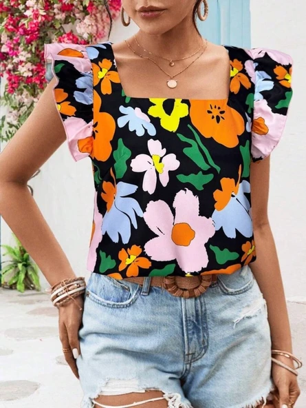 Kadın Kısa Fırfır Kollu Kare Yaka çiçek Desenli Ithal Keten Bluz - Resim 3