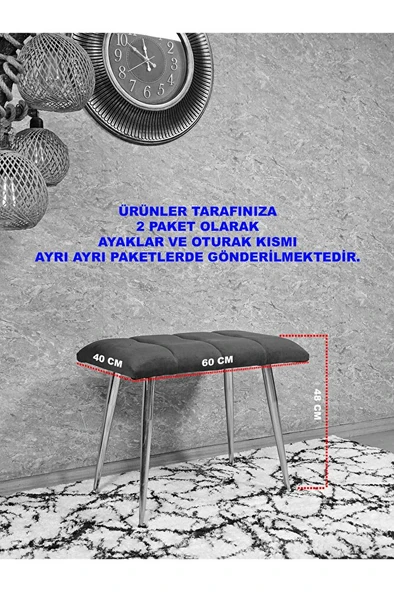Gold Sivriltme Ayaklı 60 cm Puf Bench - Puf - Bench - Oturak - Mutfak Oturağı - Antre Oturağı Siyah Renk 60 x 40 Boyut/Ebat - Resim 5