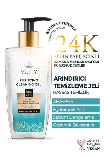 VULLY 24k Altın Parçacıklı Arındırıcı Nemlendirici Gözenek Sıkılaştırıcı Yüz Temizleme Jeli 200 Ml ürün görseli 1