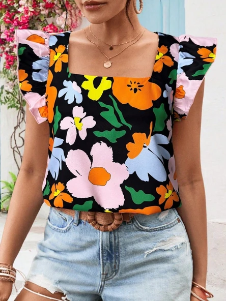 Kadın Kısa Fırfır Kollu Kare Yaka çiçek Desenli Ithal Keten Bluz ürün görseli