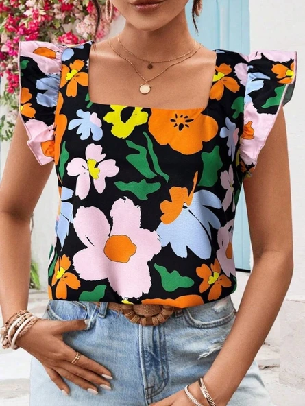 Kadın Kısa Fırfır Kollu Kare Yaka çiçek Desenli Ithal Keten Bluz - Resim 4